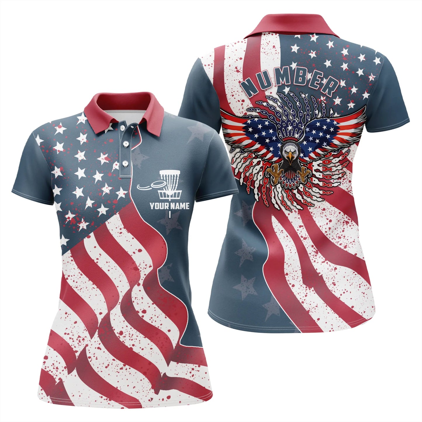 Custom Name And Number Eagle American Flag Patriotic Disc Golf Performance Women Polo Shirts, Perfect Gift For Women