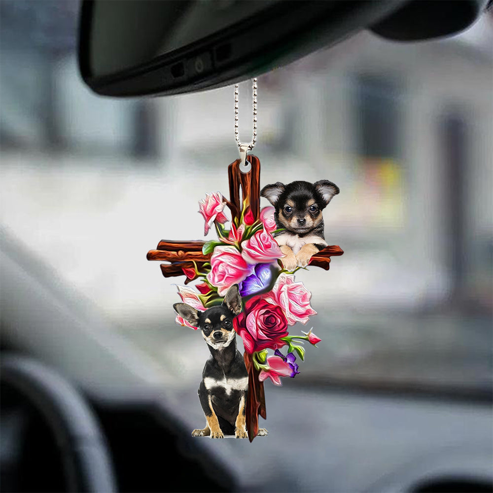 Cute Chihuahua Roses and Jesus Ornament - Dog Car Hanging Ornament - Gift For Dog Mom, Dog Lover, Dog Owner
