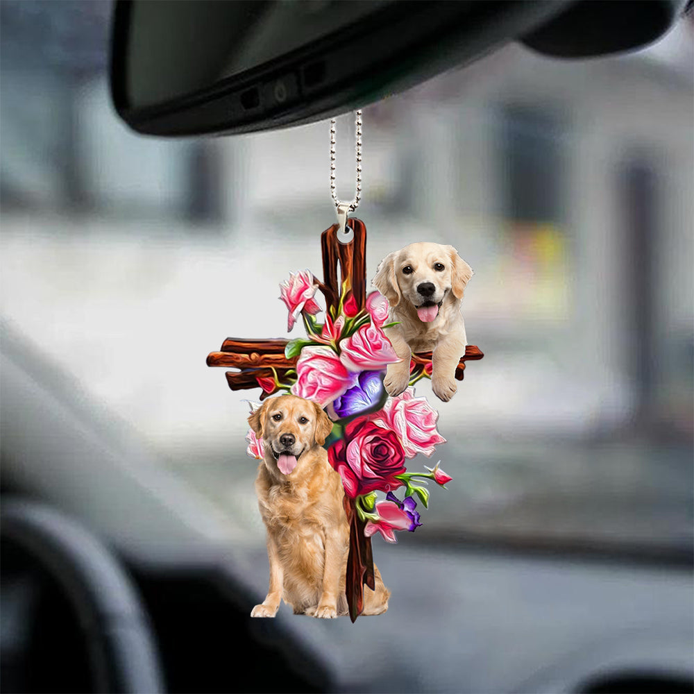 Cute Golden Retriever Roses and Jesus Ornament - Dog Car Hanging Ornament - Gift For Dog Mom, Dog Lover, Dog Owner