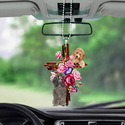 Cute Poodle Roses and Jesus Ornament - Dog Car Hanging Ornament - Gift For Dog Mom, Dog Lover, Dog Owner
