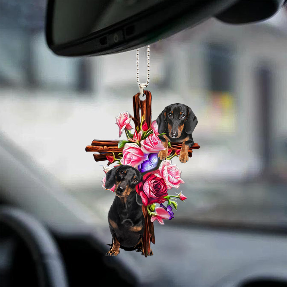 Dachshund Roses and Jesus Car Ornament - Dog Car Hanging Ornament - Gift For Dog Mom, Dog Lover, Dog Owner