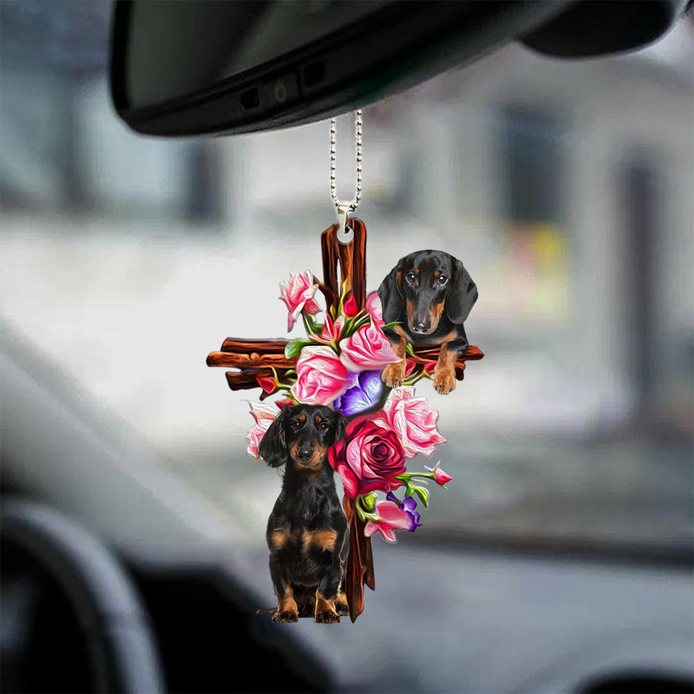 Dachshund Roses and Jesus Hanging Ornament Car - Dog Car Hanging Ornament - Gift For Dog Mom, Dog Lover, Dog Owner