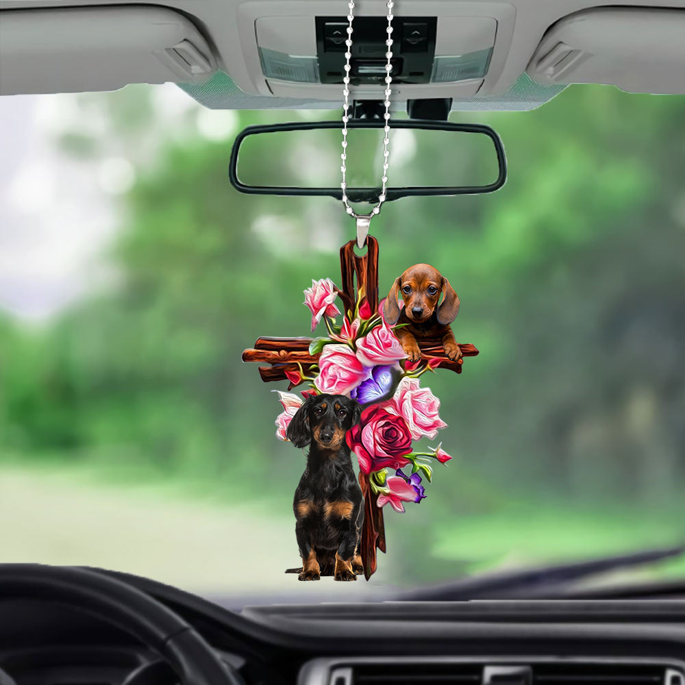 Dachshund Roses and Jesus Ornament Auto -  Dog Car Hanging Ornament - Gift For Dog Mom, Dog Lover, Dog Owner