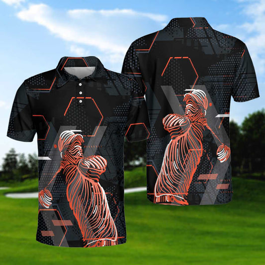 Digital Orange Golfer Golf Polo Shirt, Short Sleeve Orange And Black Golf Shirt For Men, Polo Shirt Gift For Men, Best Gift Ideas For Men Golfers