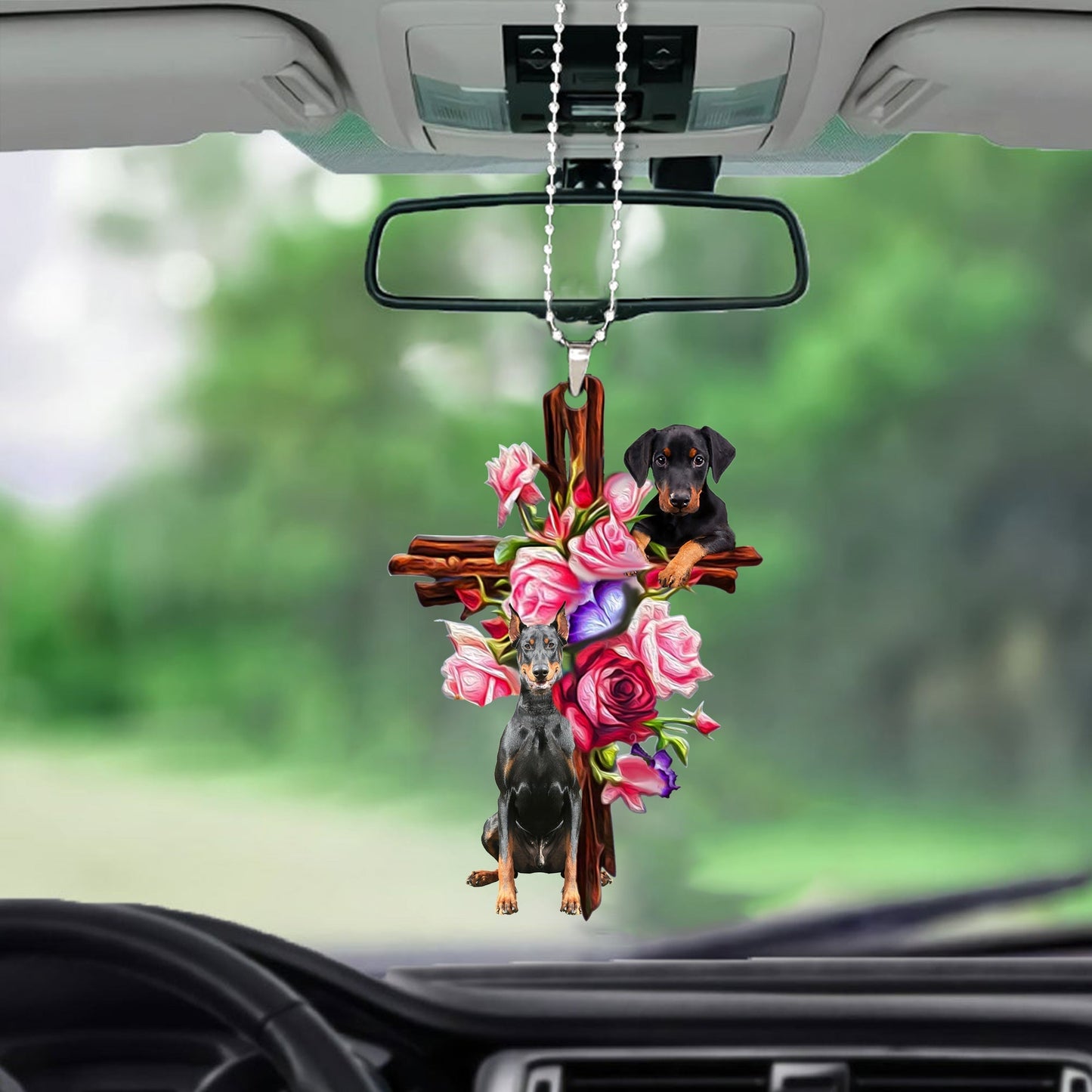 Doberman Roses and Jesus Ornament - Dog Ornaments -  Dog Car Hanging Ornament - Gift For Dog Mom, Dog Lover, Dog Owner