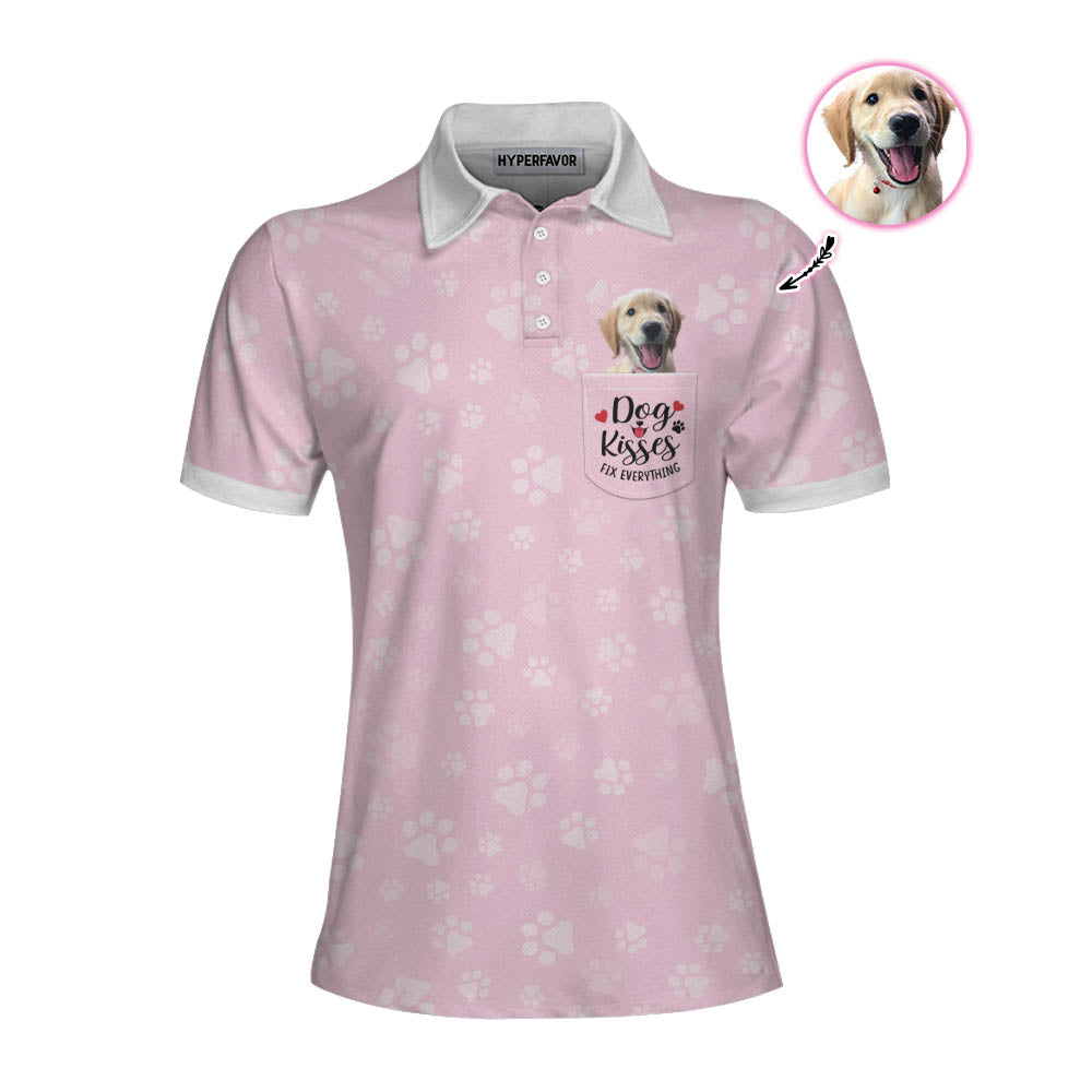 Dog Kisses Fix Everything Custom Short Sleeve Women Polo Shirt, Personalized Pink Polo Shirt For Dog Lovers, Best Gift For Dog Lovers, Gift For Women