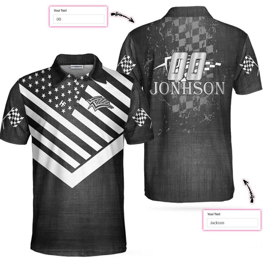 Drag Racing Custom Polo Shirt, Black American Flag Racing Shirt For Men, Short Sleeve Men Polo Shirt , Best Gift For Men Golfers