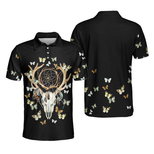 Dream Catcher Skull Deer Butterfly Short Sleeve Polo Shirt, Black Dreamcatcher Shirt For Men, Polo Shirt Gift For Men
