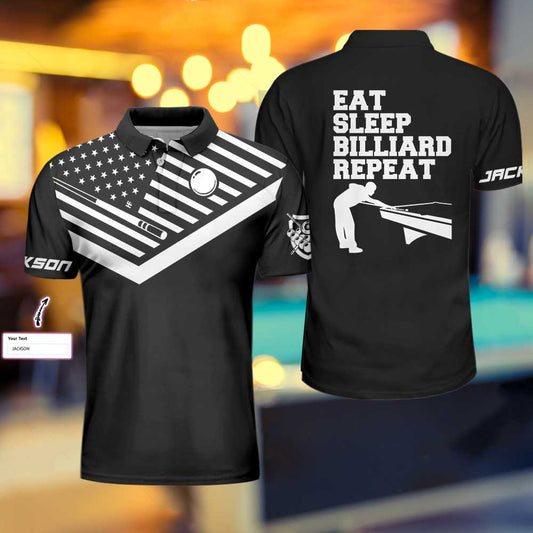 Personalized Billiard Men Polo Shirt, Eat Sleep Billiard Repeat Custom Polo Shirt, American Flag Shirt Design, Gift For Billiard Lovers