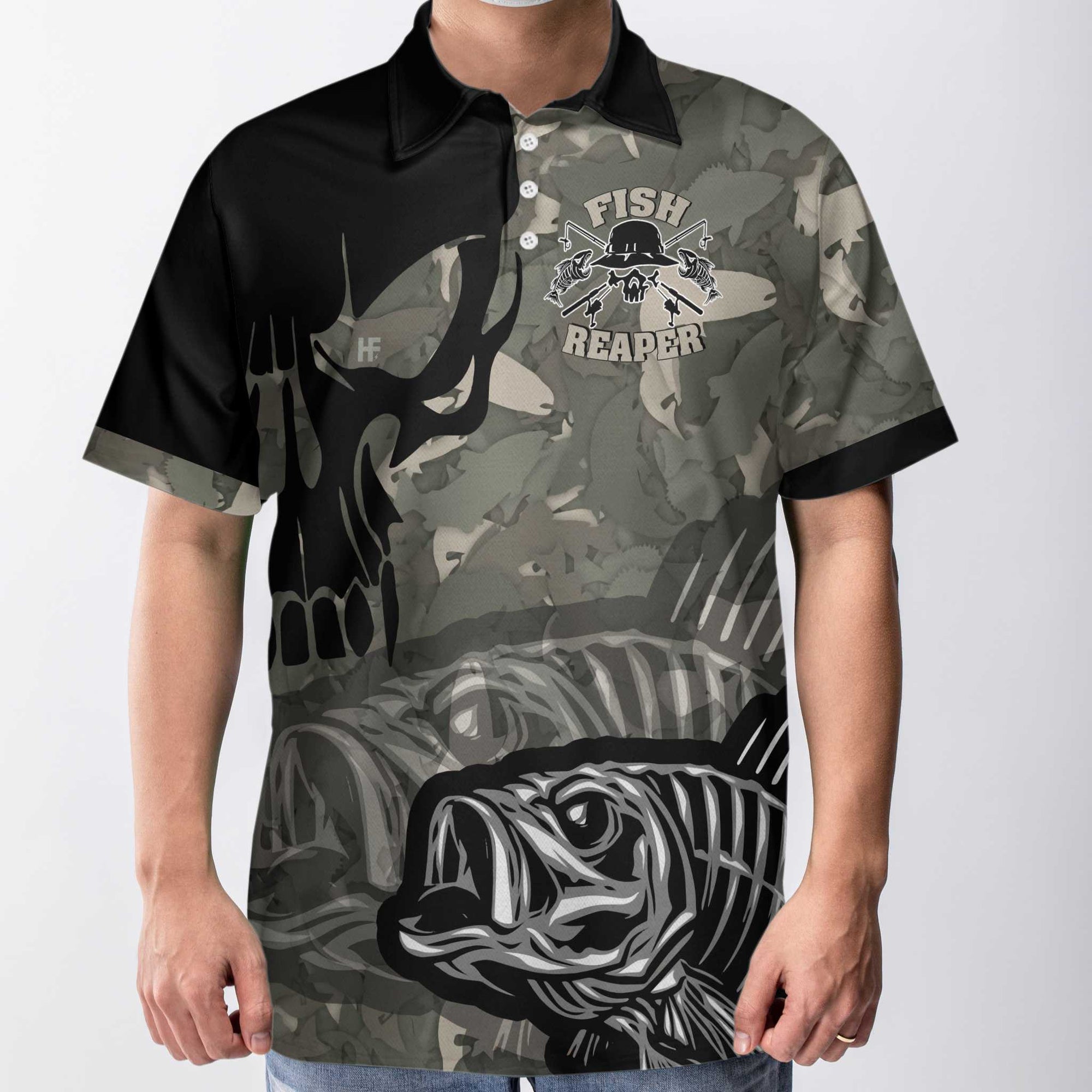Fish Reaper Men Polo Shirt, Eat Sleep Fishing Repeat Skull Camouflage Polo Shirt, Camo Fishing Shirt For Men