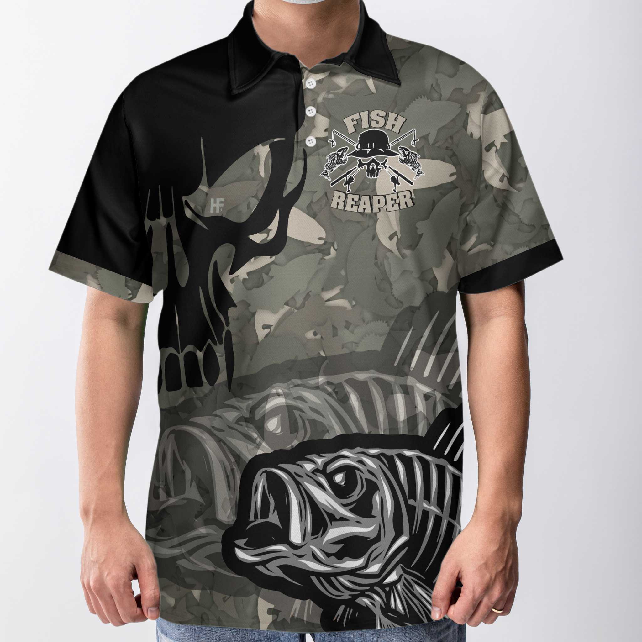 Fish Reaper Men Polo Shirt, Eat Sleep Fishing Repeat Skull