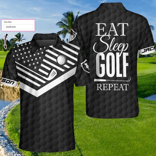 Personalized Black American Flag Golf Men Polo Shirt, Eat Sleep Golf Repeat Custom Shirt For Men, Gift For Golfers