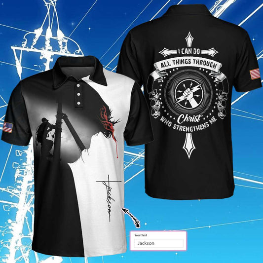 Personalized Christian Black And White Electrician Men Polo Shirt, Electrician I Can Do All Things Through Custom Shirt For Men, Gift For Electrician