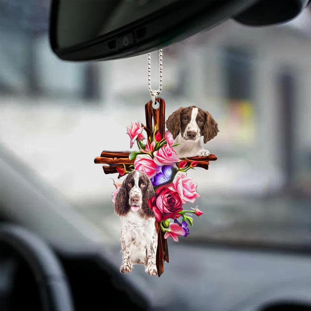 English Springer Spaniel Roses and Jesus Ornament - Dog Car Hanging Ornament - Gift For Dog Mom, Dog Lover, Dog Owner