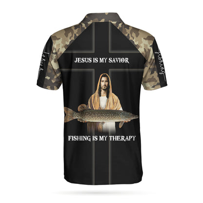Camo Jesus Fishing Men Polo Shirt, Even Jesus Had A Fishing Story Camouflage Shirt For Men, Jesus Is My Savior Fishing Is My Therapy, Gift For Christian & Fishing Lovers