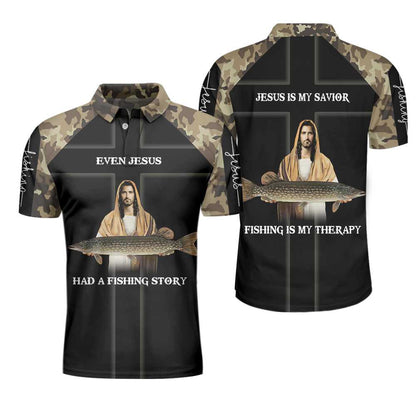 Camo Jesus Fishing Men Polo Shirt, Even Jesus Had A Fishing Story Camouflage Shirt For Men, Jesus Is My Savior Fishing Is My Therapy, Gift For Christian & Fishing Lovers