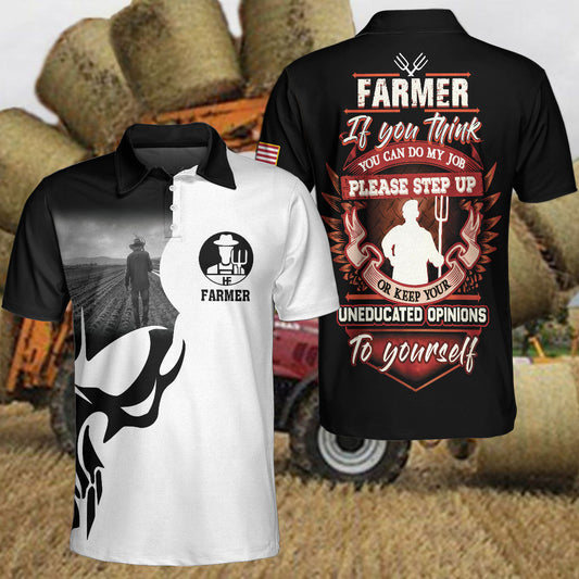 Farmer Proud Skull Men Polo Shirt, American Flag Farmer If You Think You Can Do My Job Shirt For Men