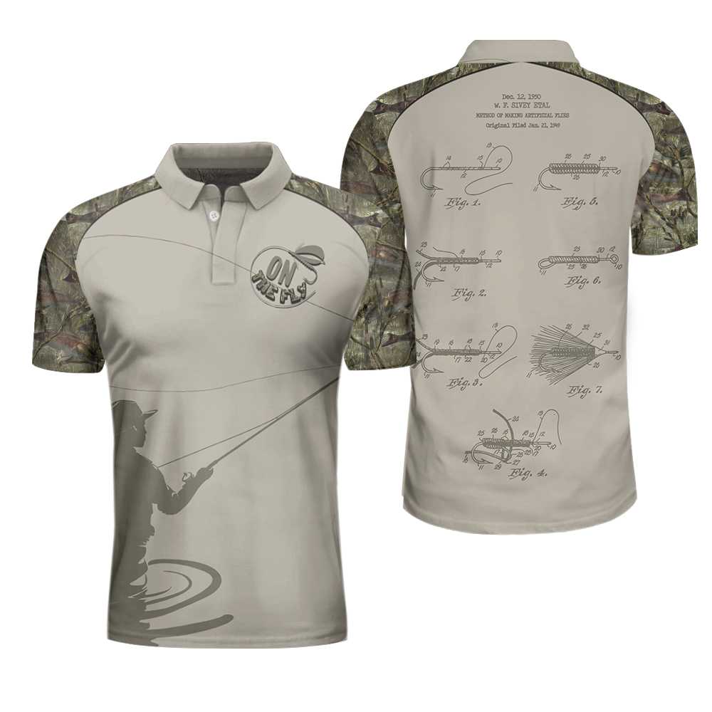 Fly Fishing On The Fly Flies Patent Men Polo Shirt, Fly Hook Camouflage Polo Shirt, Camo Fishing Shirt For Men, Gift For Fishing Lovers