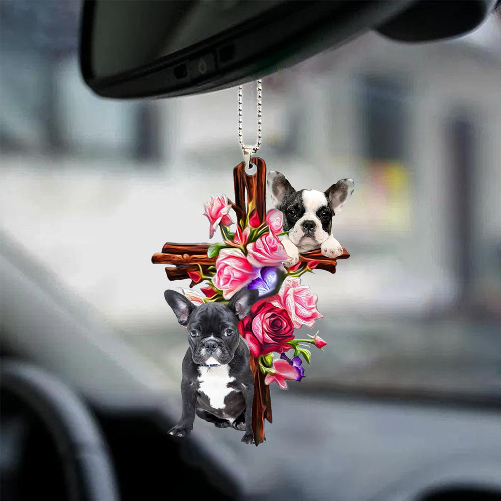French Bulldog Roses and Jesus Ornament - Dog Car Hanging Ornament - Gift For Dog Mom, Dog Lover, Dog Owner