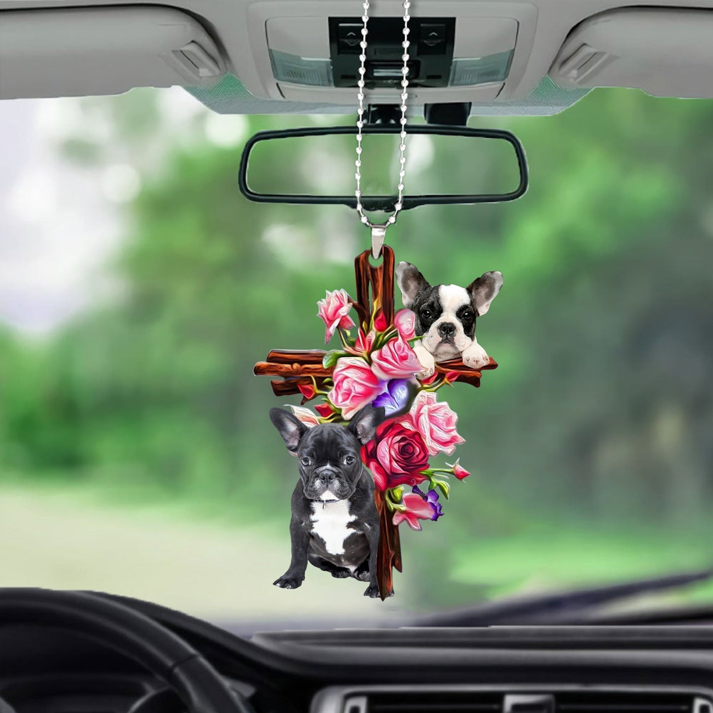 French Bulldog Roses and Jesus Ornament  - Dog Car Hanging Ornament - Gift For Dog Mom, Dog Lover, Dog Owner