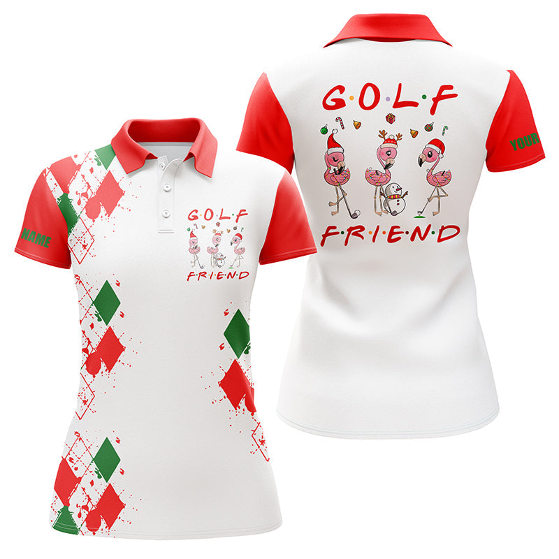 Funny Christmas Golf Shirt Custom Name Women Golf Polo Shirt - Flamingo Golf Friend Christmas Gifts