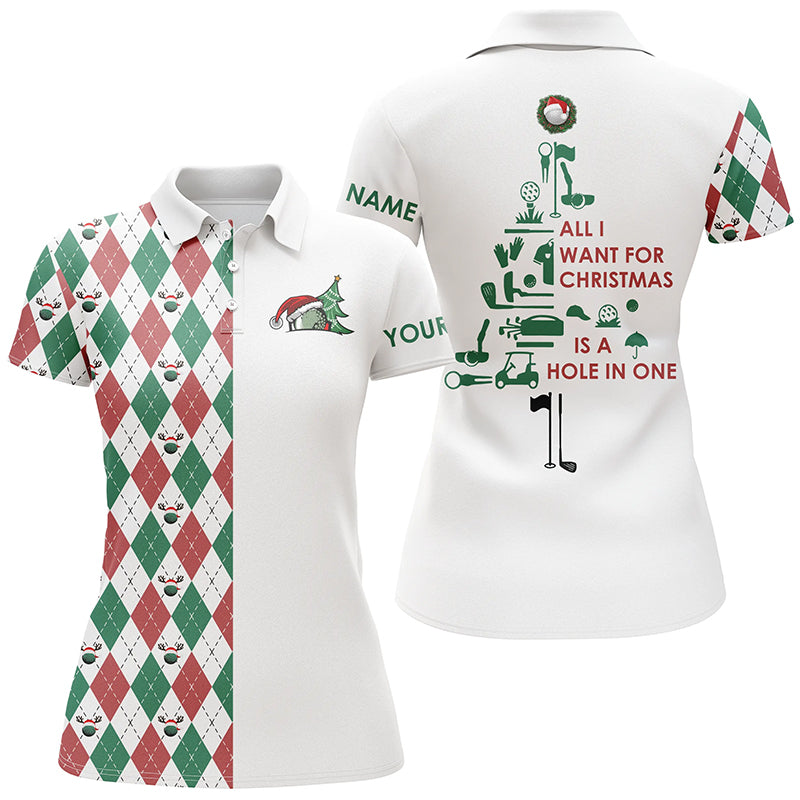 Funny Christmas Tree Womens Golf Polo Shirt All I Want For Christmas Is A Hole In One Custom Golf Gift