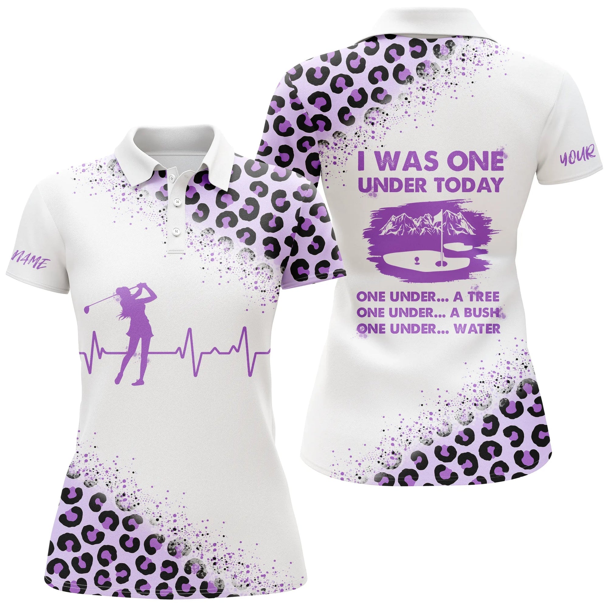 Funny Golf Shirts For Women I Was One Under Today Custom Name Purple Leopard White Women Polo Shirts, Best Gift For Women