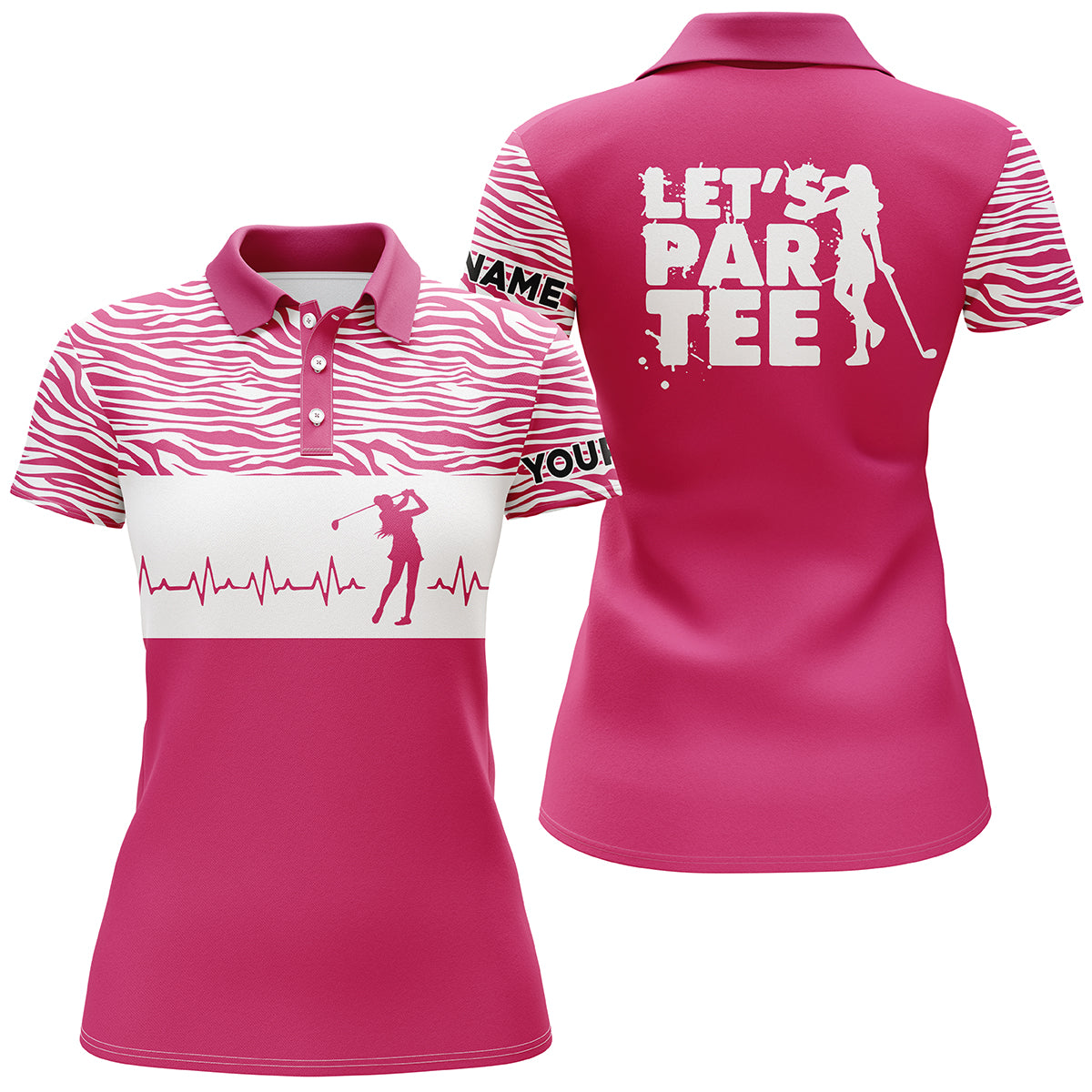 Funny Pink Womens Golf Polo Shirt Let's Par Tee Golf Heartbeat Custom Name Womens Golf Gift Ideas