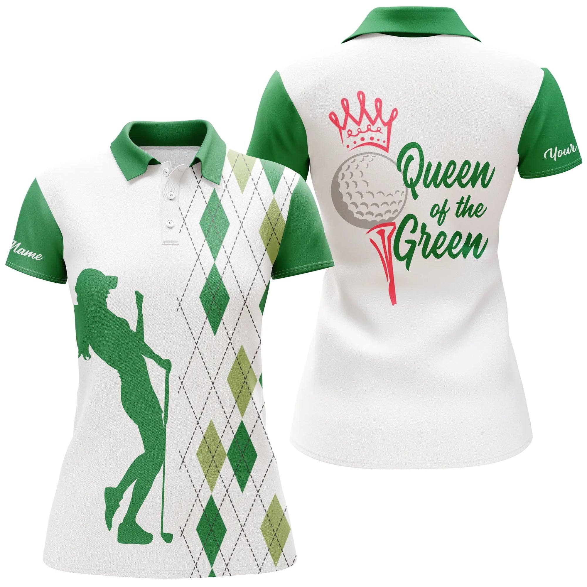 Funny Womens Golf Polo Shirt Queen Of The Green Custom Argyle Plaid White Green Golf Shirts For Women