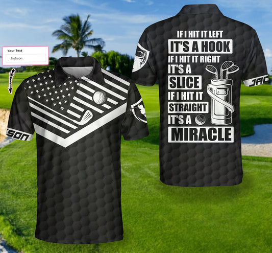 Personalized Golf Men Polo Shirt, Funny Golfing Custom Shirt For Men, If It Hit Left Black American Flag Polo Shirt