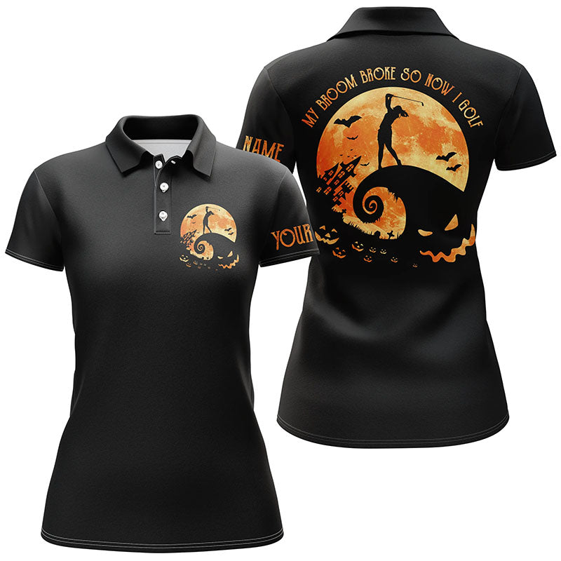 Funny Black Halloween Golf Shirt Custom Name Women Golf Polo Shirt - My Broom Broke So Now I Golf