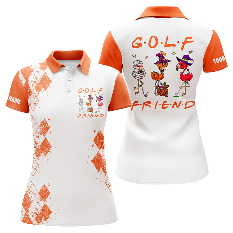 Funny Halloween Golf Shirt Custom Name Women Golf Polo Shirt - Flamingo Golf Friend Halloween Shirt, Perfect Gift For Women