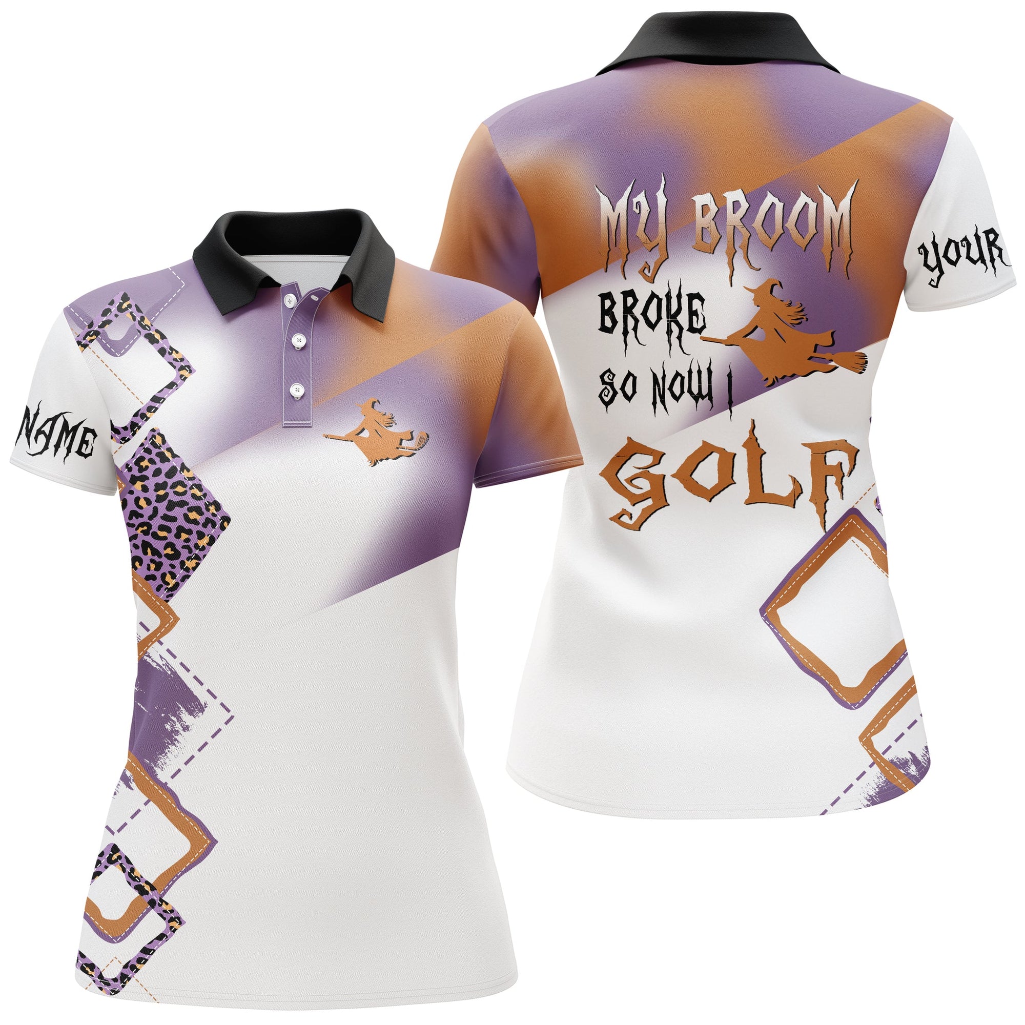 Funny Halloween Golf Shirt Custom Name Women Golf Polo Shirt - My Broom Broke So Now I Golf