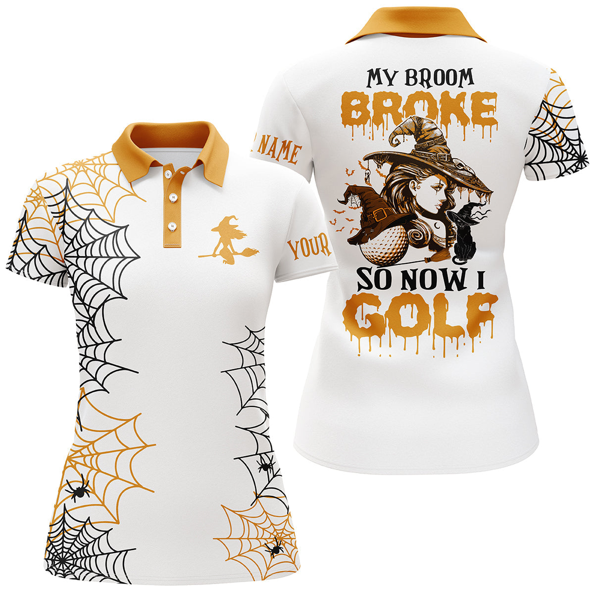 Funny Orange Halloween Golf Shirt Custom Name Women Golf Polo Shirt - My Broom Broke So Now I Golf