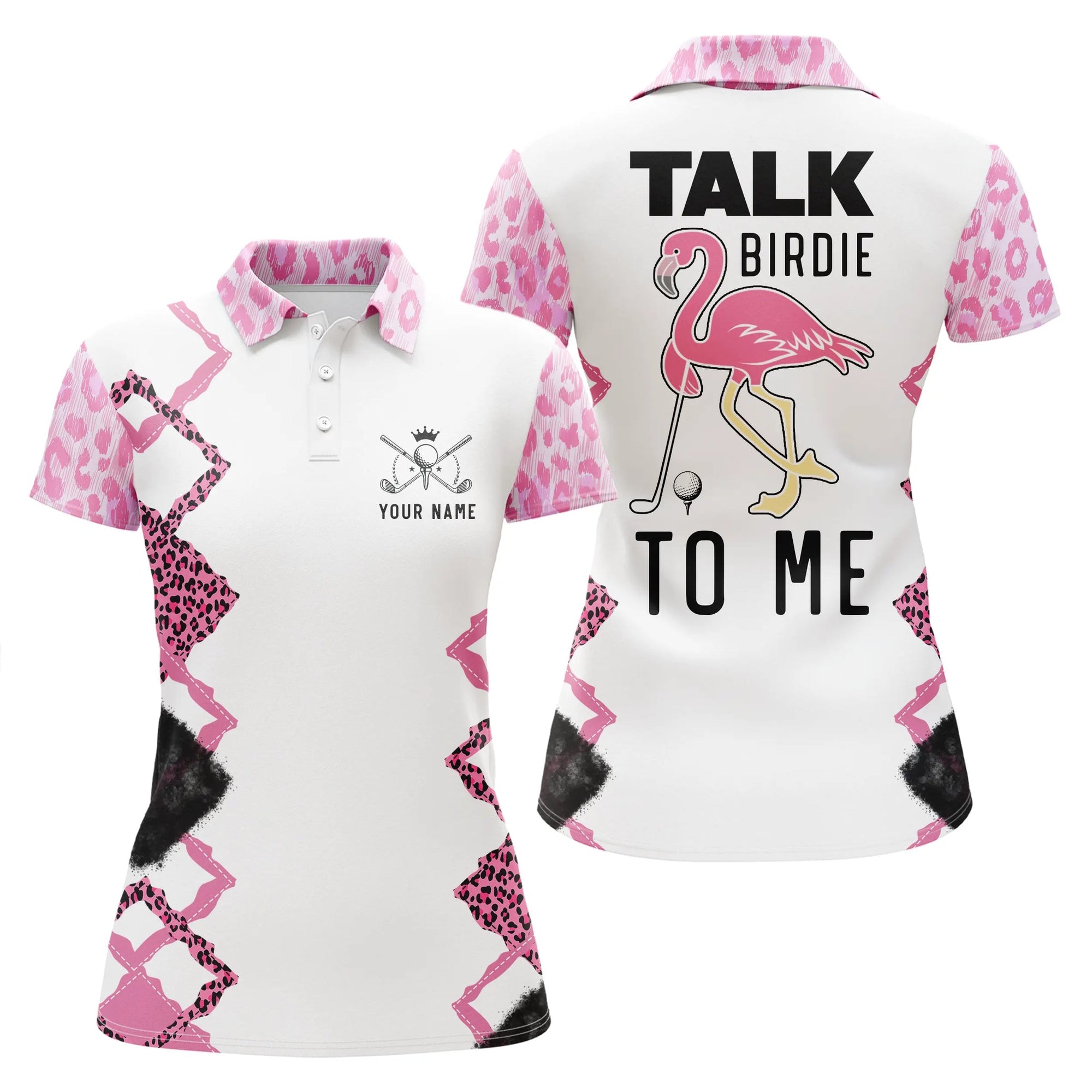 Funny Pink Leopard Womens Golf Polo Shirt Talk Birdie To Me Custom Name Pink Flamingo Golf Shirts, Best Gift For Women