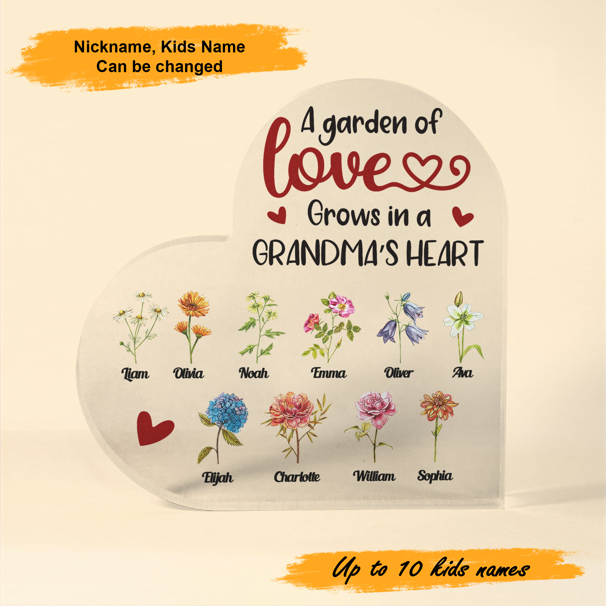 Mother's Day Grandma's Garden, Personalized Heart Shaped Acrylic Plaque - Custom Name Gifts For Grandma, Mother, Mom, Mama, Gigi, Nana