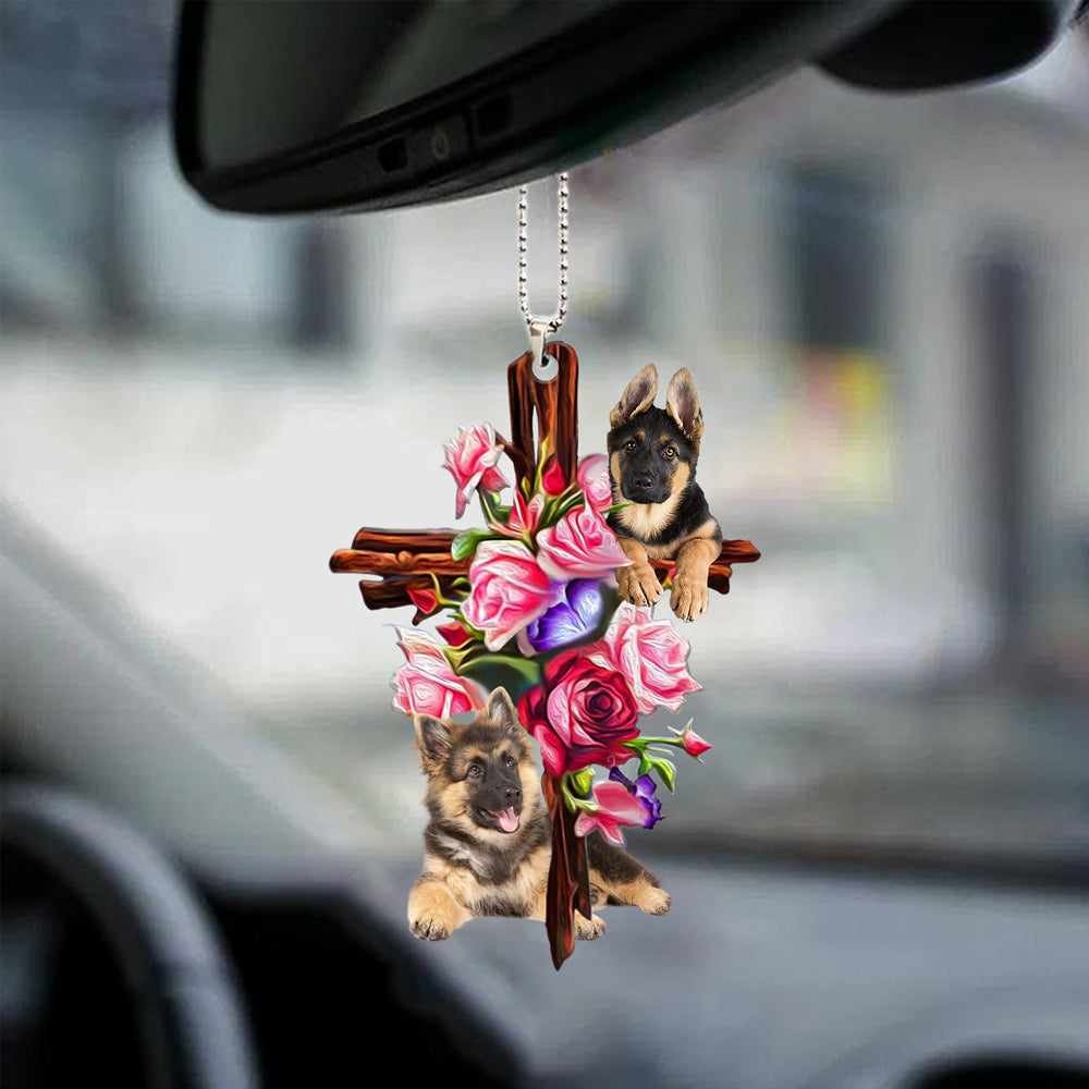 German Shepherd Roses and Jesus Ornament - Dog German Shepherd Lover Gifts - Dog Car Hanging Ornament - Gift For Dog Mom, Dog Lover, Dog Owner