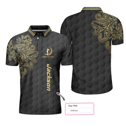 Personalized Golden Floral Paisley Golf Men Polo Shirt, Golden Hole In One Black Golf Texture Custom Shirt For Men