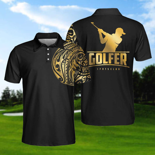 Golden Tattoo Golf Men Polo Shirt, Black And Gold Modern Greek Key Pattern Polo Shirt, Best Golf Shirt For Men, Gift For Golfers
