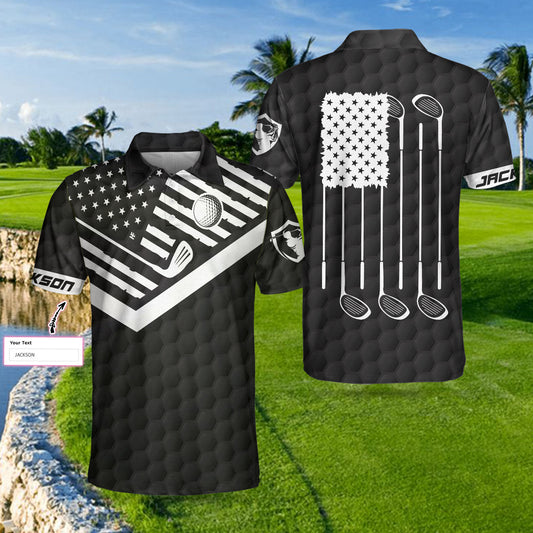 Personalized Black Golf Pattern Men Polo Shirt, Golf American Flag New Custom Polo Shirt, Patriotic Golf Shirt For Men, Best Gift For Golfers