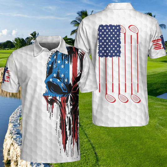 Patriot White Golf Pattern Wet Paint Skull Men Polo Shirt, Golf American Flag Polo Shirt, Patriotic Golf Shirt For Men, Best Gift For Golfers