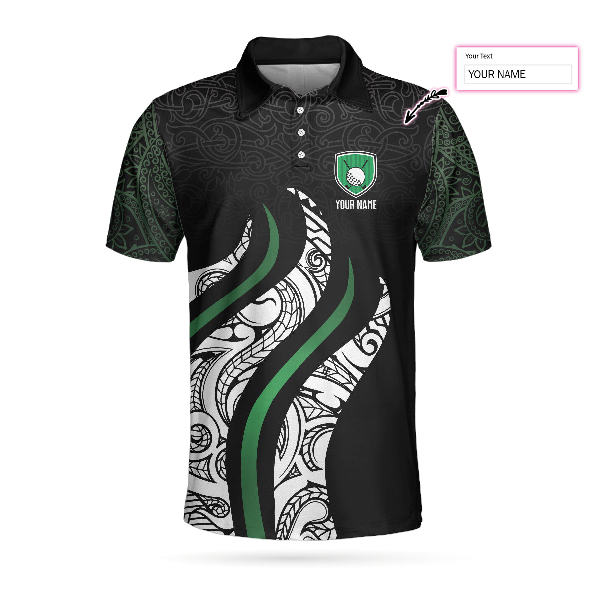 Personalized Golf Polo Shirt, Black And Green Abstract Pattern Custom Polo Shirt, Golf Gift For Male Golfers