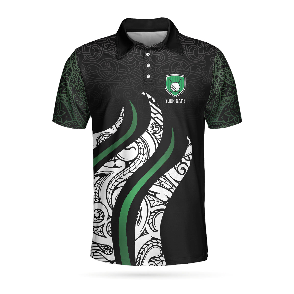 Personalized Golf Polo Shirt, Black And Green Abstract Pattern Custom Polo Shirt, Golf Gift For Male Golfers