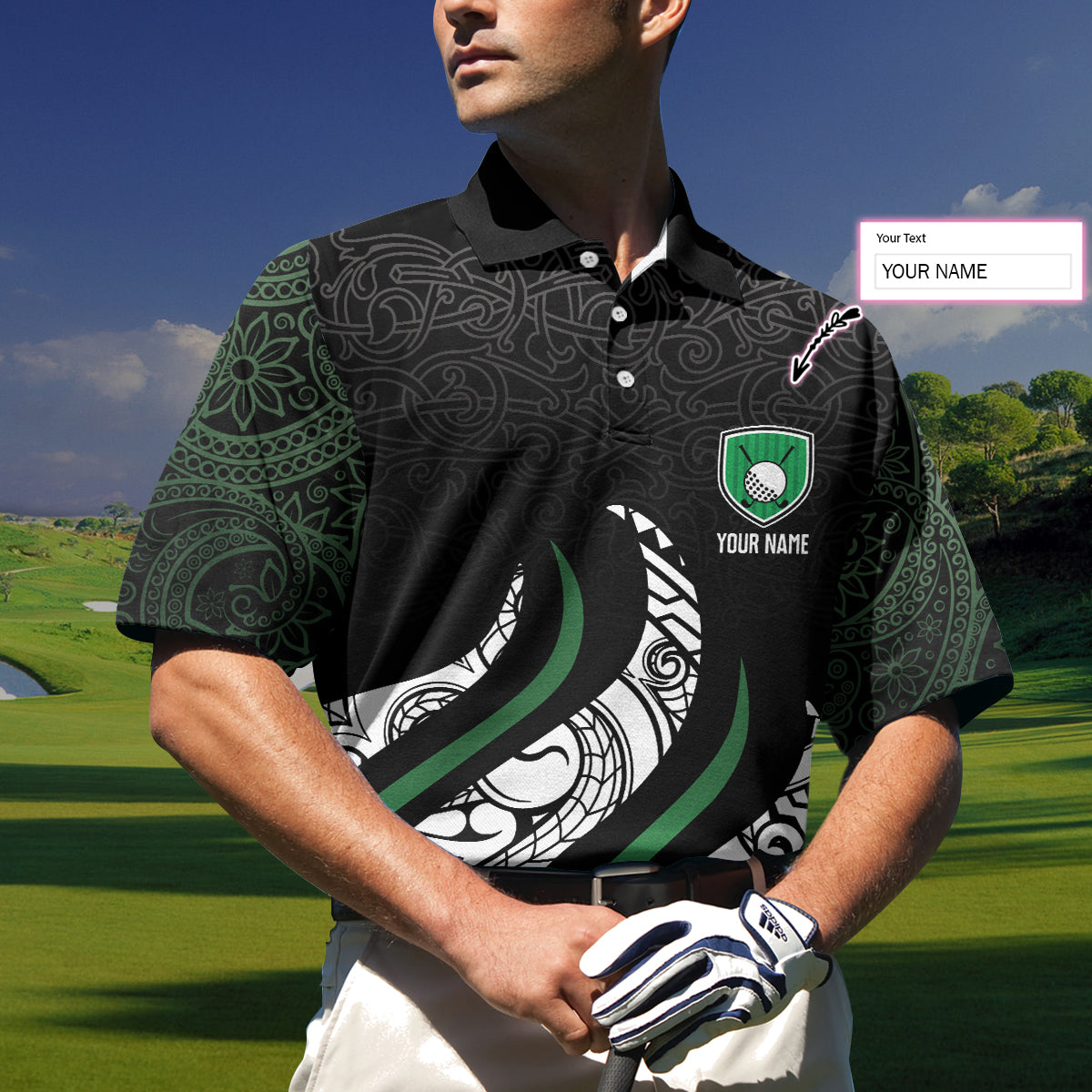 Personalized Golf Polo Shirt, Black And Green Abstract Pattern Custom Polo Shirt, Golf Gift For Male Golfers