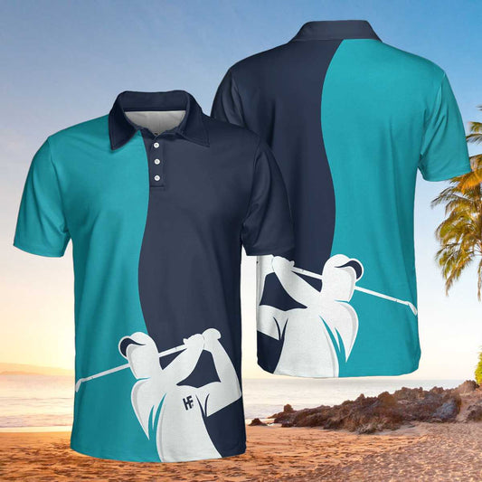 Golf Blue And Navy Short Sleeve Polo Shirt, White Silhouette Golfing Polo Shirt, Best Golf Shirt For Men