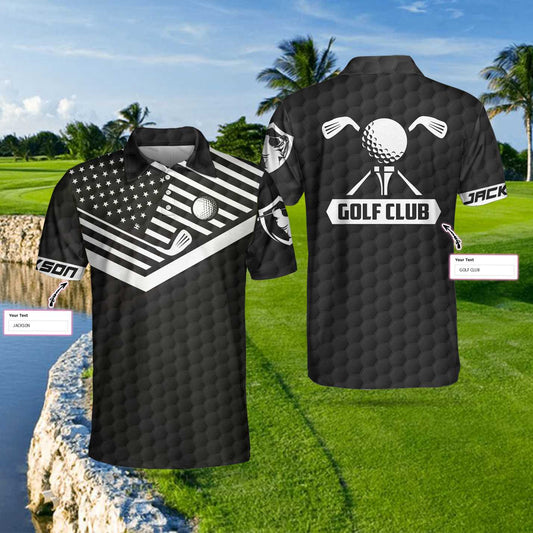 Golf Ball And Golf Club Custom Polo Shirt, Personalized Black American Flag Polo Shirt, Best Golf Shirt For Men
