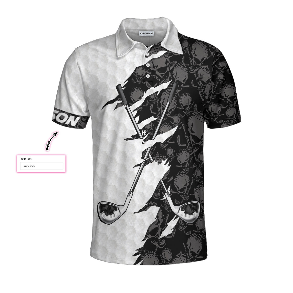 Personalized Black And White Skull Pattern Golf Polo Shirt, Golf Ripped Skull Golf Balls Pattern Custom Polo Shirt, Best Crossed Golf Clubs Shirt