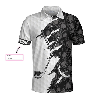 Personalized Black And White Skull Pattern Golf Polo Shirt, Golf Ripped Skull Golf Balls Pattern Custom Polo Shirt, Best Crossed Golf Clubs Shirt