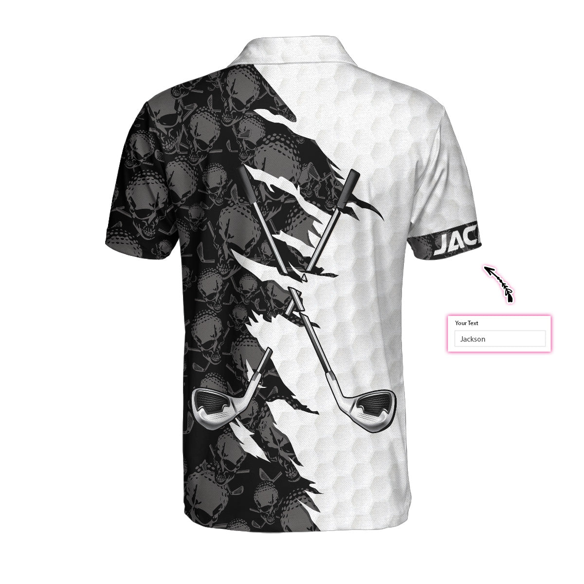 Personalized Black And White Skull Pattern Golf Polo Shirt, Golf Ripped Skull Golf Balls Pattern Custom Polo Shirt, Best Crossed Golf Clubs Shirt