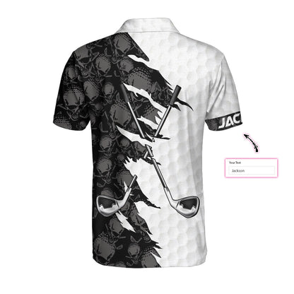 Personalized Black And White Skull Pattern Golf Polo Shirt, Golf Ripped Skull Golf Balls Pattern Custom Polo Shirt, Best Crossed Golf Clubs Shirt